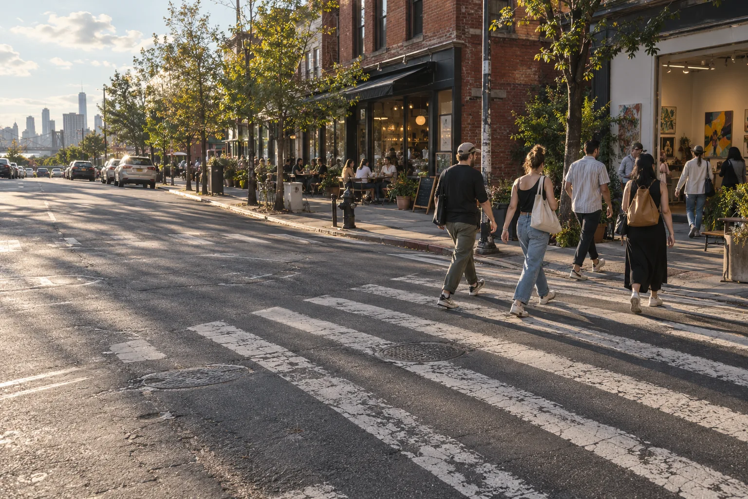 People crossing a sunlit street toward a café and gallery